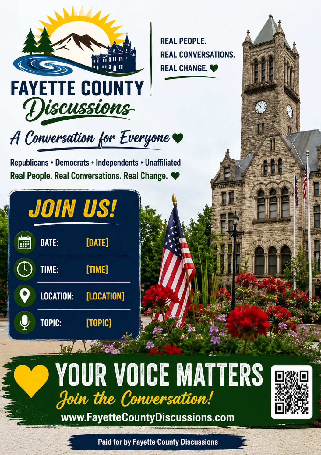 Fayette County Discussions event flyer with date, time, location and topic fields — shown as a sponsor placement example