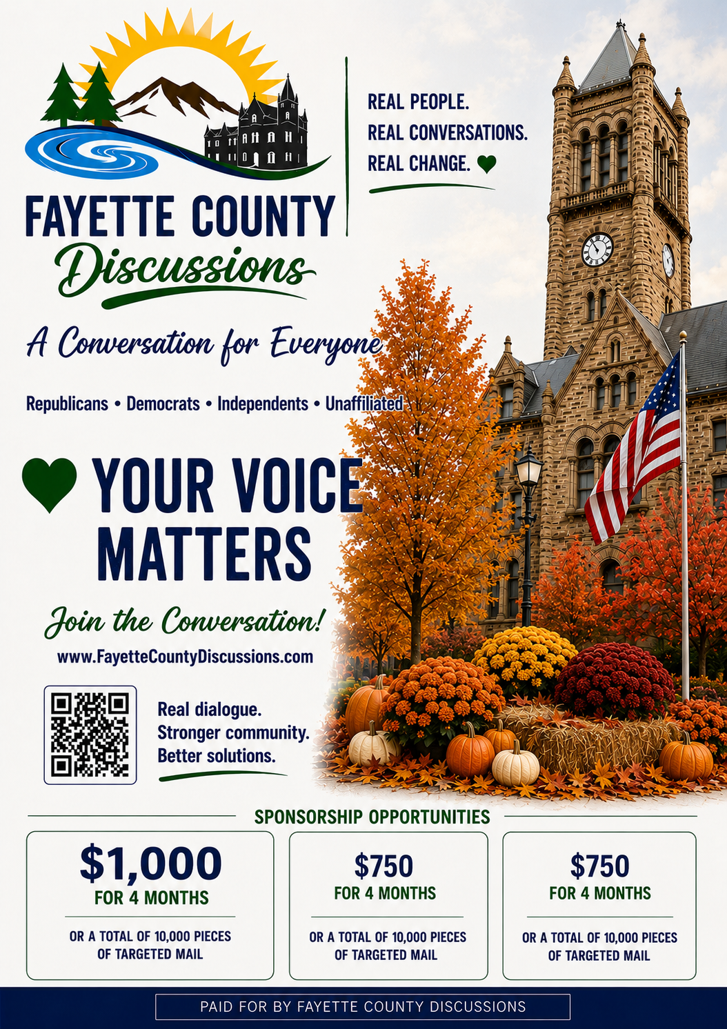 Fall edition Fayette County Discussions flyer featuring the courthouse with autumn foliage and sponsorship pricing