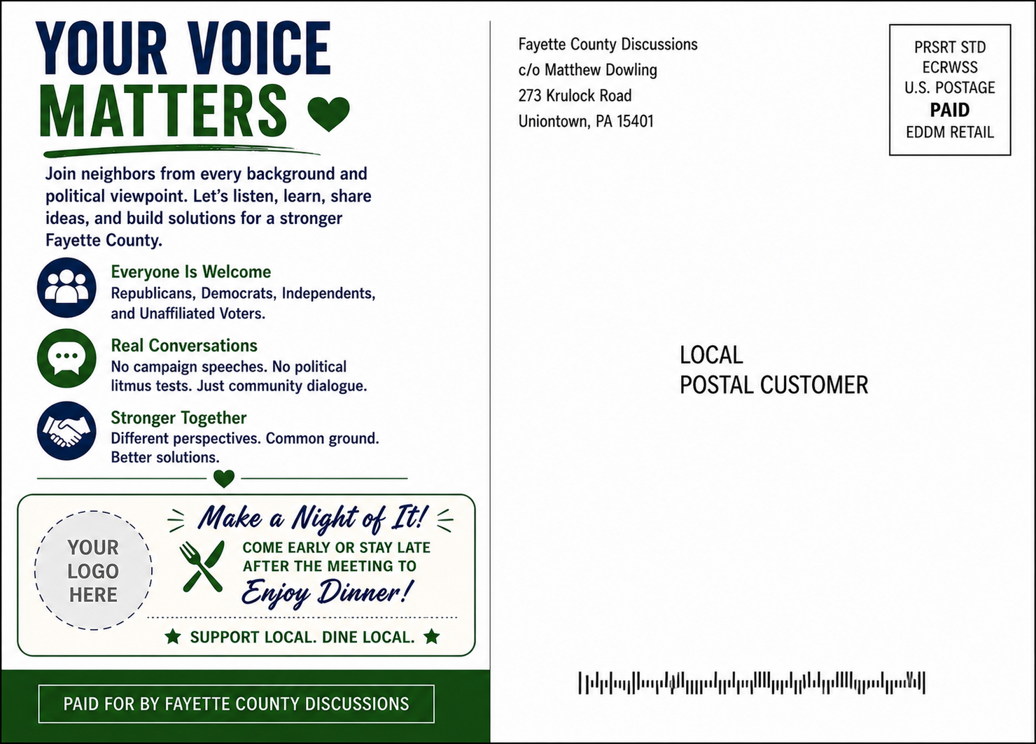 Fayette County Discussions postcard back showing sponsor logo placement area and community messaging
