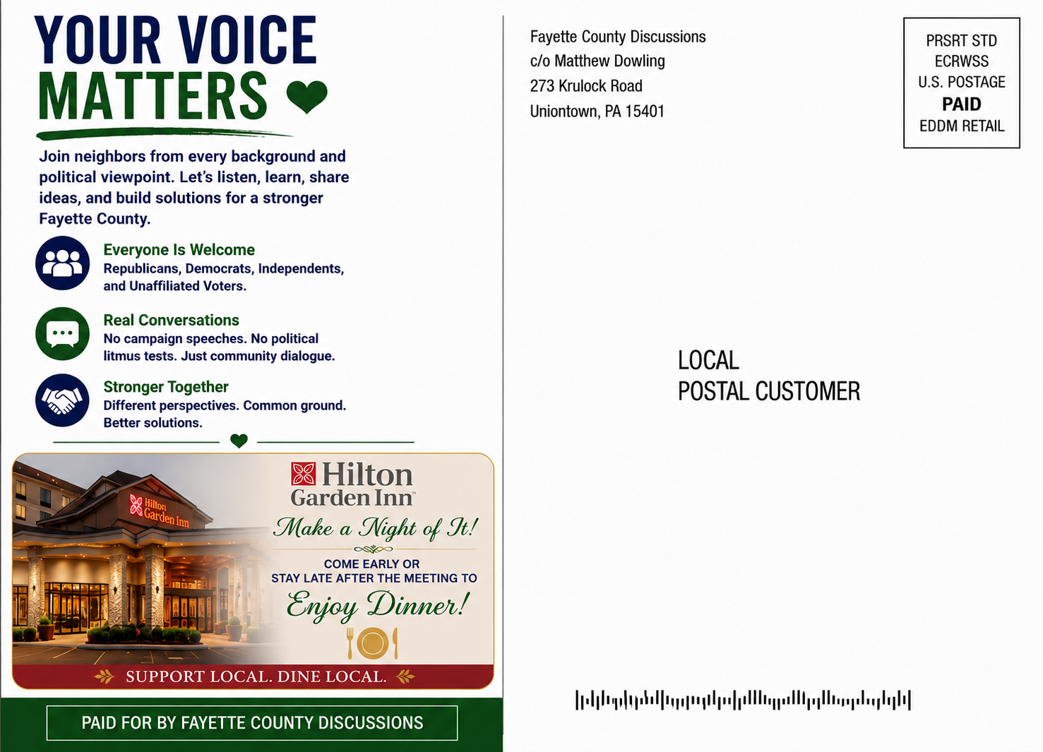 Fayette County Discussions postcard front featuring community messaging and a Hilton Garden Inn sponsor ad