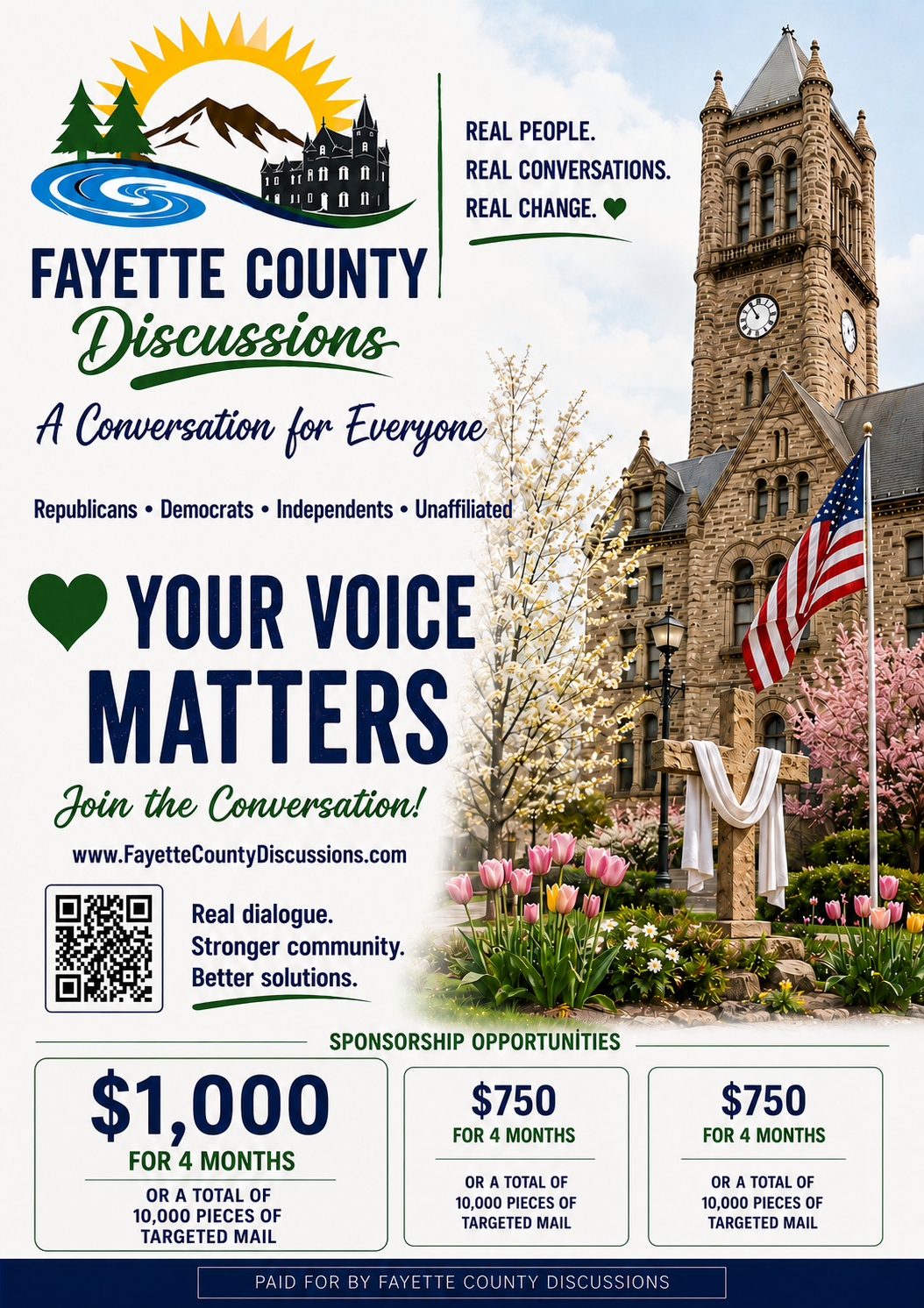 Spring edition Fayette County Discussions flyer featuring the courthouse and sponsorship tier pricing